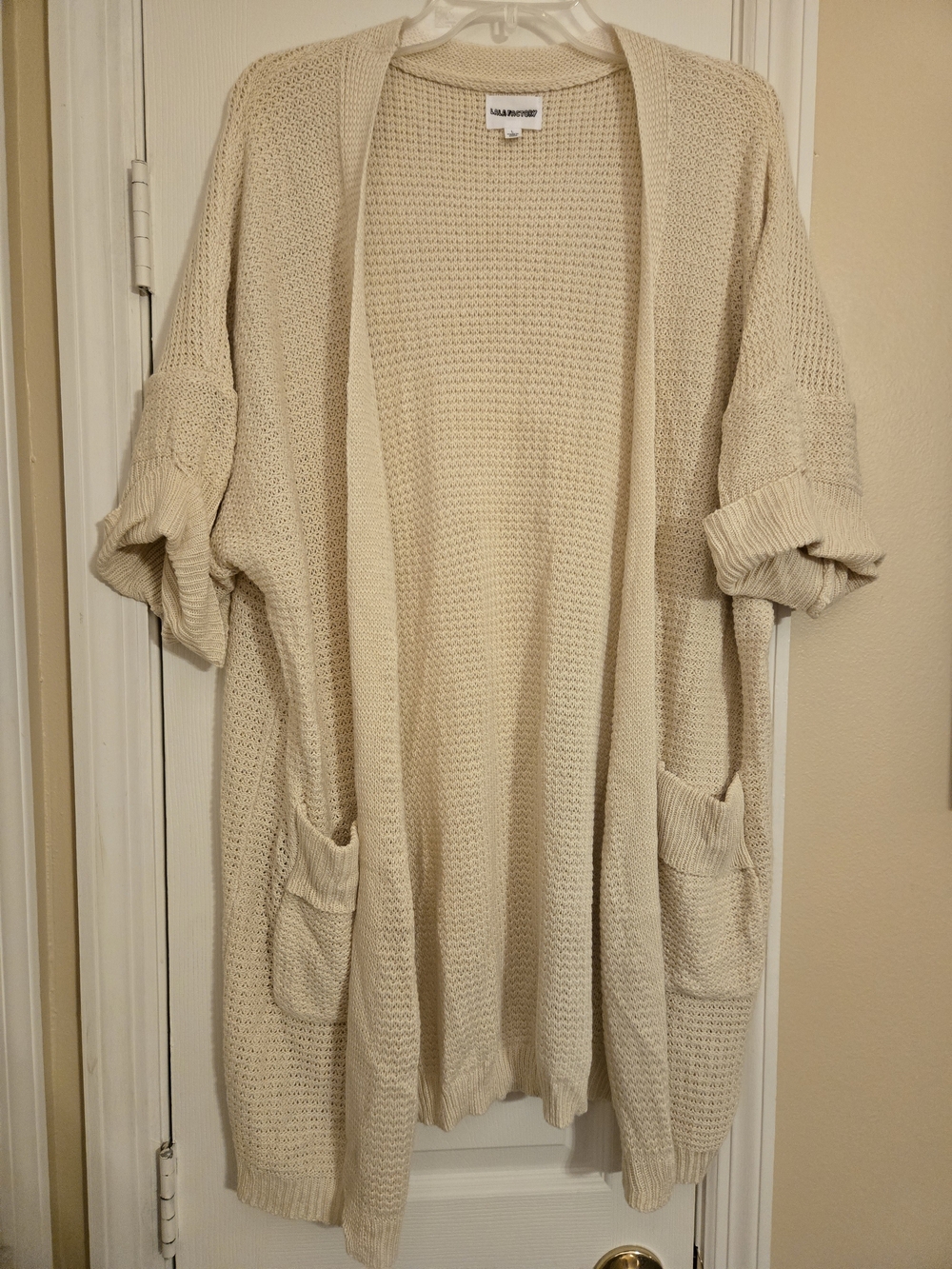 Women's Lala Factory Cream Open-Front Knit Cardigan Sweater Size Large